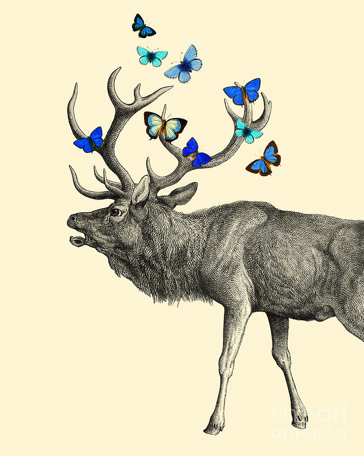 Deer Digital Art - Blue Butterfly Deer by Madame Memento