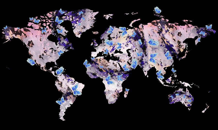 Blue Butterfly Effect World Map Watercolor  Painting by Irina Sztukowski