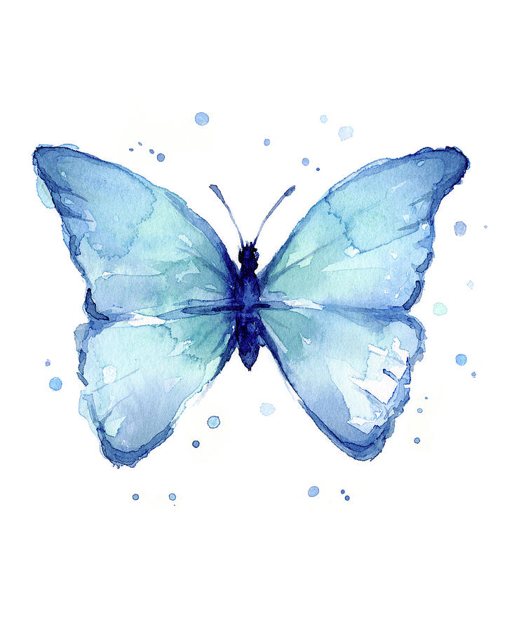 Blue Butterfly Minimalistic Watercolor Painting by Olga Shvartsur - Pixels