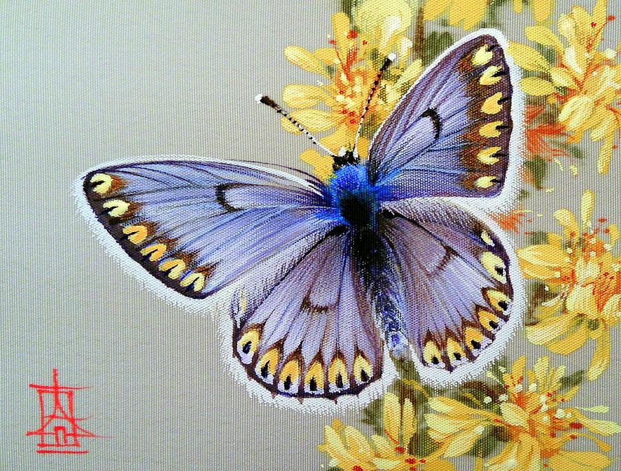 Blue Butterfly on Flowering St. Johns Wort Painting by Alina Oseeva