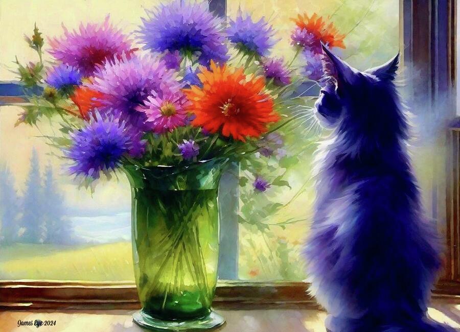 Blue Cat in the Window Digital Art by James Eye