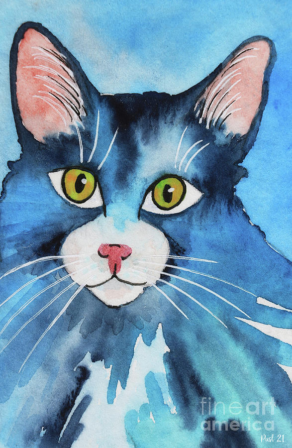 Blue Cat Painting by Jutta Maria Pusl