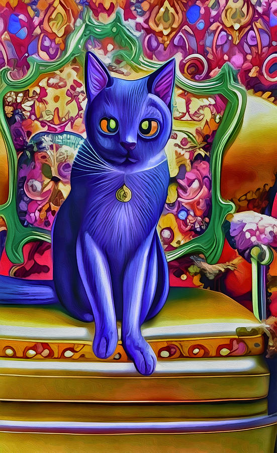 Blue Cat on a Gold Chair Mixed Media by Ann Leech