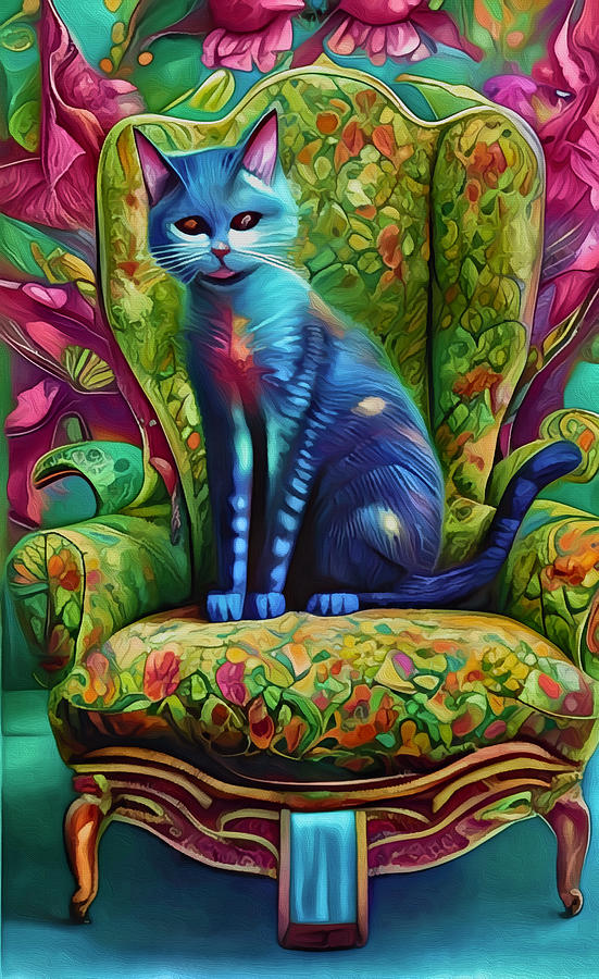 Blue Cat on a Victorian Chair Mixed Media by Ann Leech