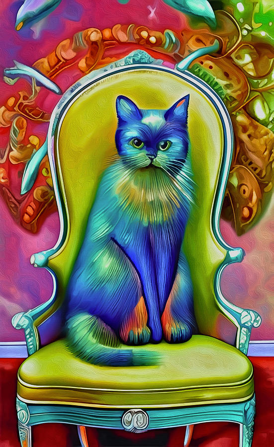 Blue Cat on Elegant Chair Mixed Media by Ann Leech