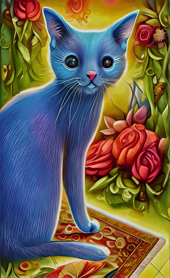 Blue Cat with Roses Mixed Media by Ann Leech
