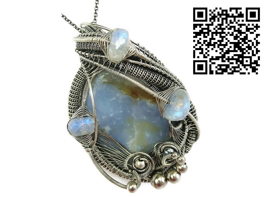 Rainbow Moonstone Jewelry - Blue Chalcedony and Rainbow Moonstone Pendant by Heather Jordan
