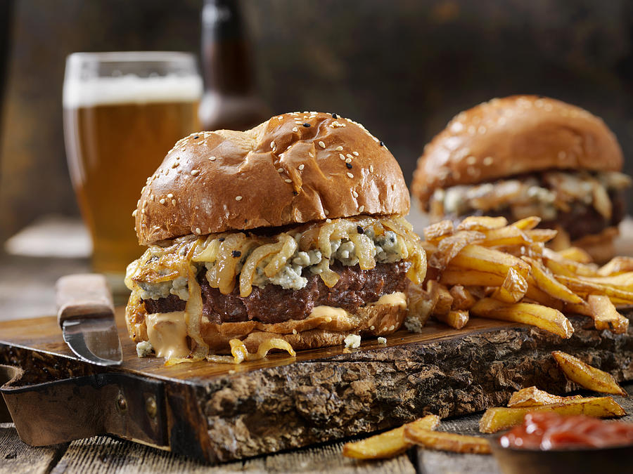 Blue Cheese and Grilled Onion Venison (Elk) Burger with Fries Photograph by LauriPatterson
