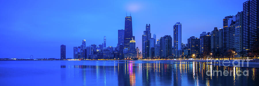 Blue Chicago Skyline at Night Panorama Photograph by Paul Velgos