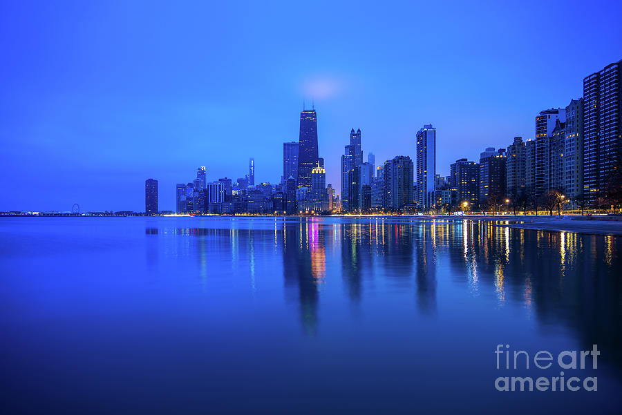 Blue Chicago Skyline at Night Photograph by Paul Velgos