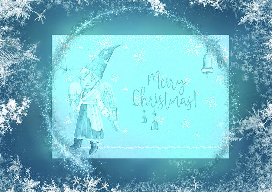 Blue Christmas Angel With Snow Mixed Media by Johanna Hurmerinta