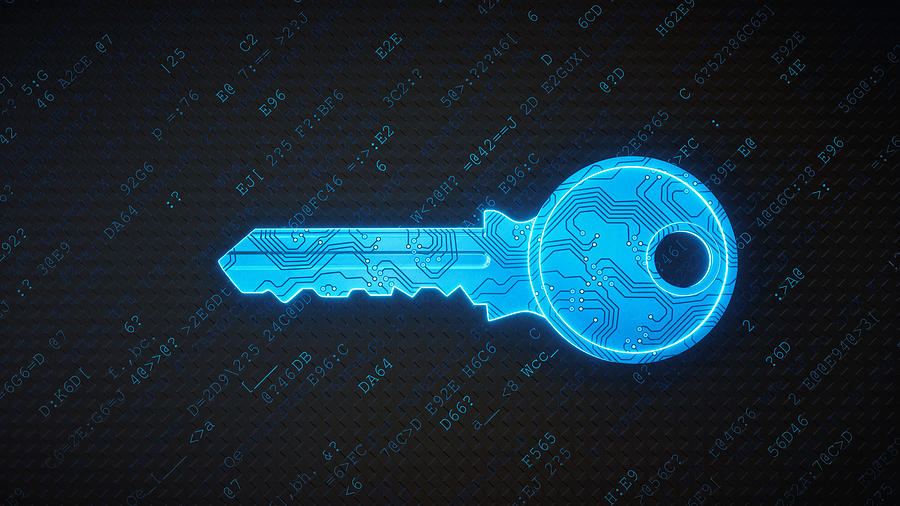 Blue circuitry digital key on encrypted data Photograph by Matejmo