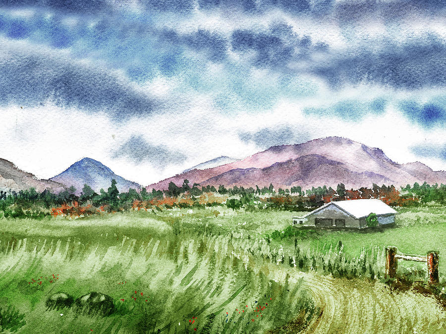Blue Clouds In The Sky Green Grass White Barn Purple Mountains Watercolor Landscape   Painting by Irina Sztukowski