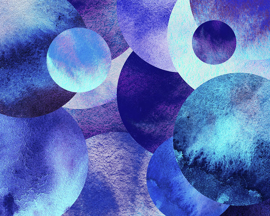 Blue Cosmos Round Spheres Watercolor Planet Parade IV Painting by Irina Sztukowski