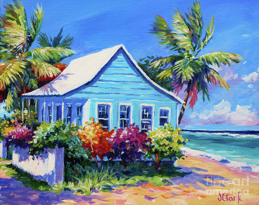 Cayman Painting - Blue Cottage on the Beach by John Clark