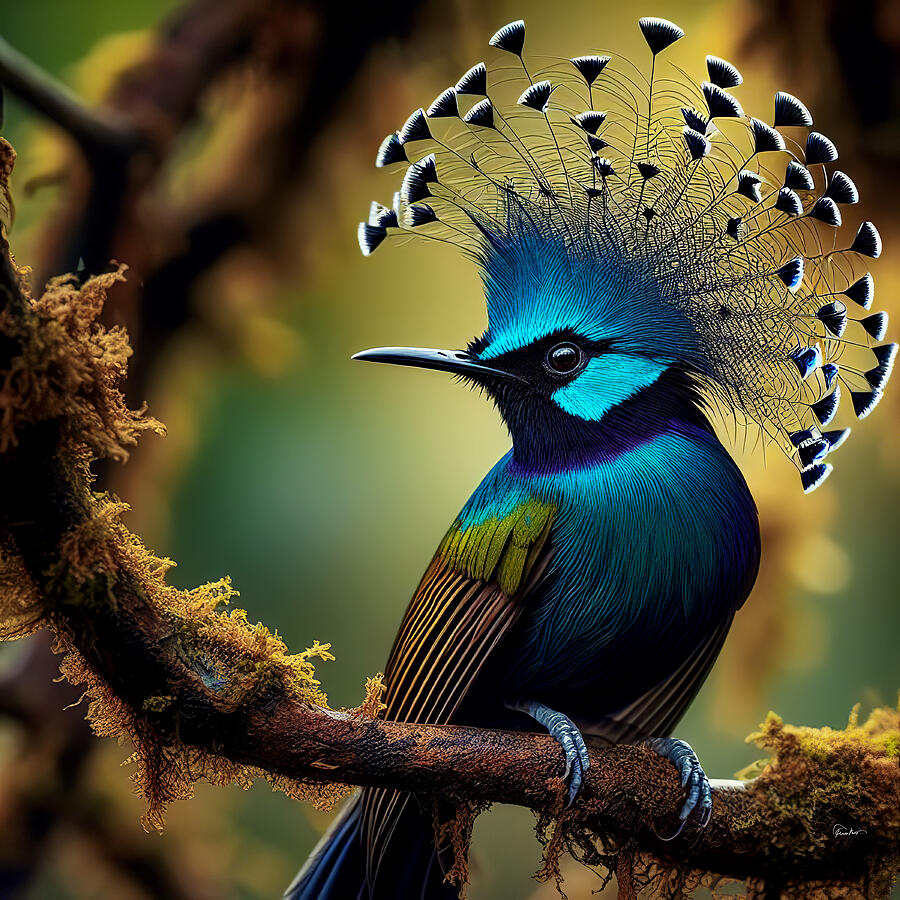 Blue Crest Elegance - A Regal Bird On A Mossy Perch Digital Art