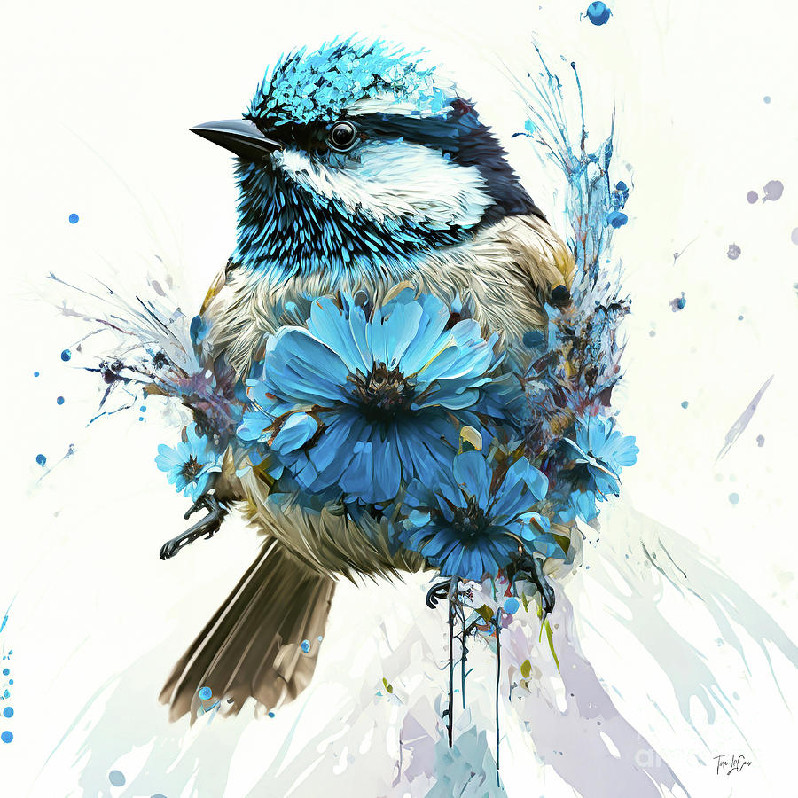 Abstract Painting - Blue Daisy Chickadee by Tina LeCour