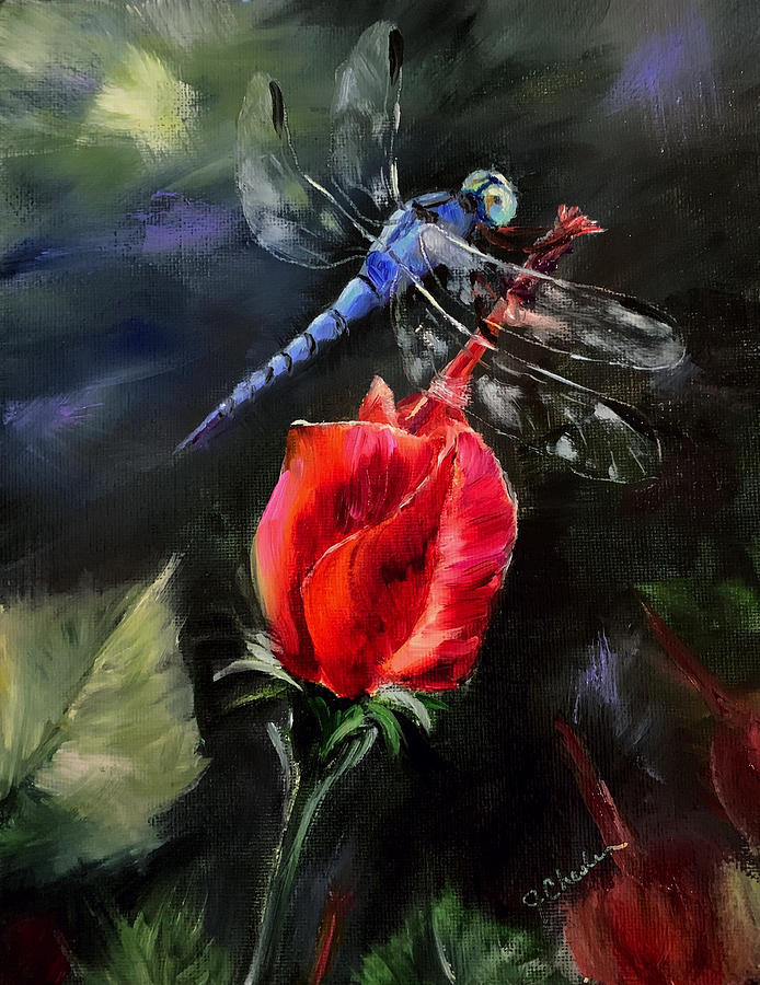 Blue Dasher on Turks Cap Painting by Jan Chesler