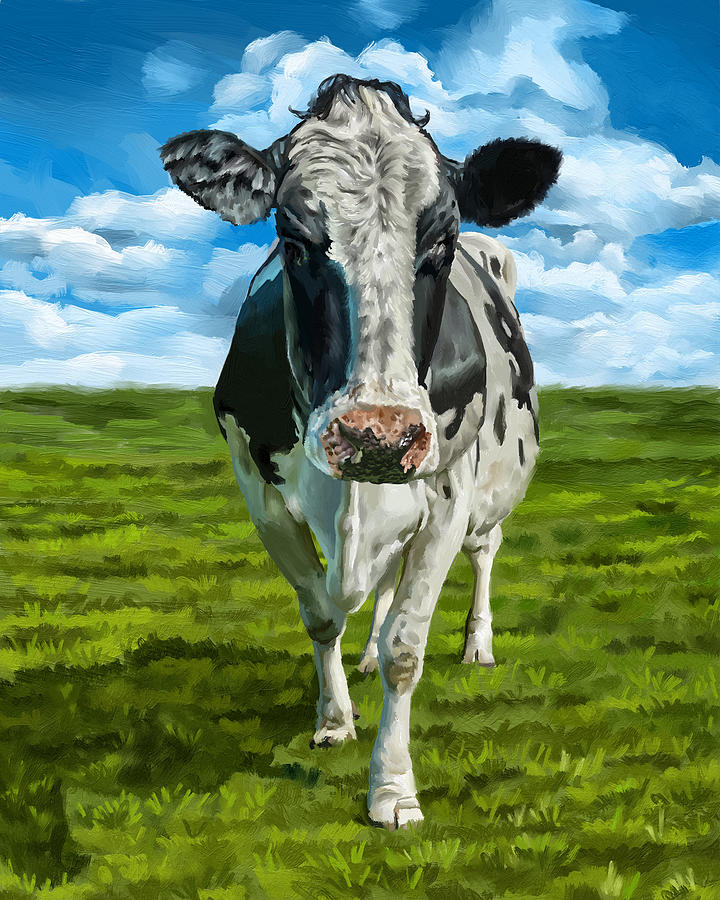 Blue Sky, Green Grass and a Cow -  Farmhouse Painting Digital Art by Shawn Conn