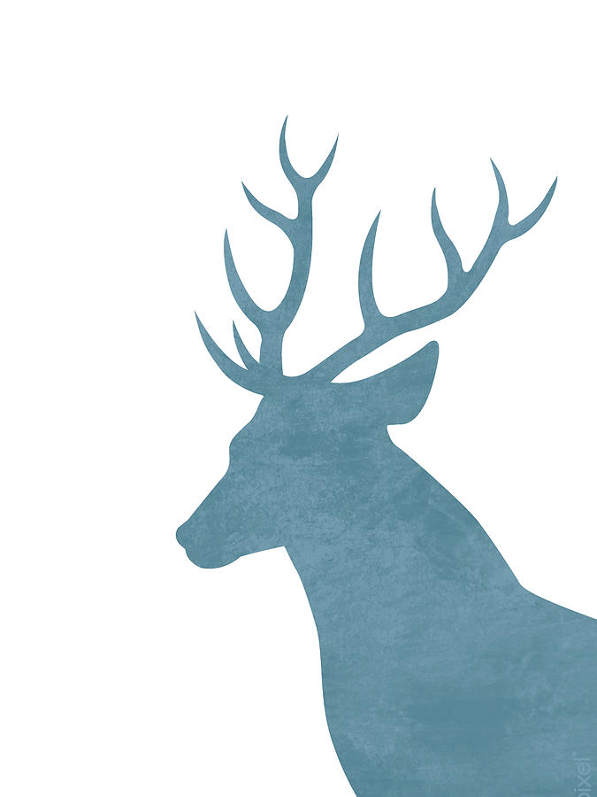 Blue Deer Silhouette - Scandinavian Nursery Decor - Animal Friends - For Kids Room - Minimal Mixed Media