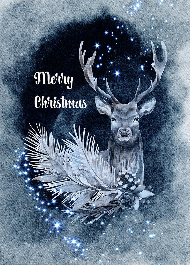 Blue Deer Theme Merry Christmas Mixed Media by Johanna Hurmerinta