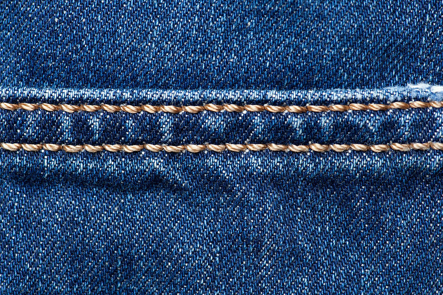 Blue Denim Texture With Stitch Line Closeup, Jeans Background Photograph