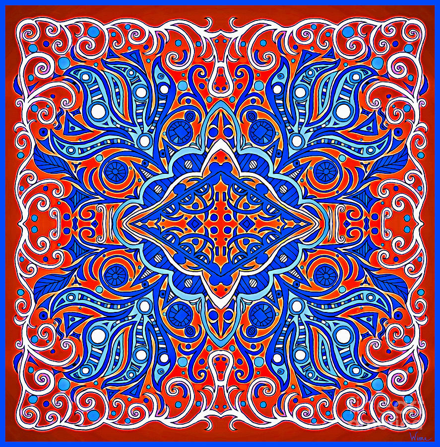 Blue Diamond and Paisley Flowers on Red and Orange Background Mixed Media by Lise Winne