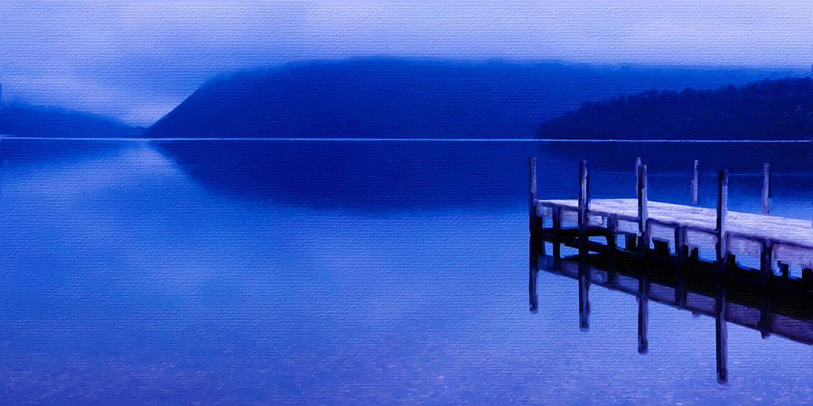 Blue Dock Sunset Sunrise Water Sky Landscape 2 Painting by Tony Rubino