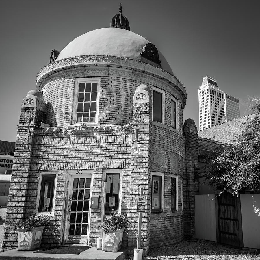 Black And White Photograph - Blue Dome and Tulsa Oklahoma Skyline - Black and White 1x1 by Gregory Ballos