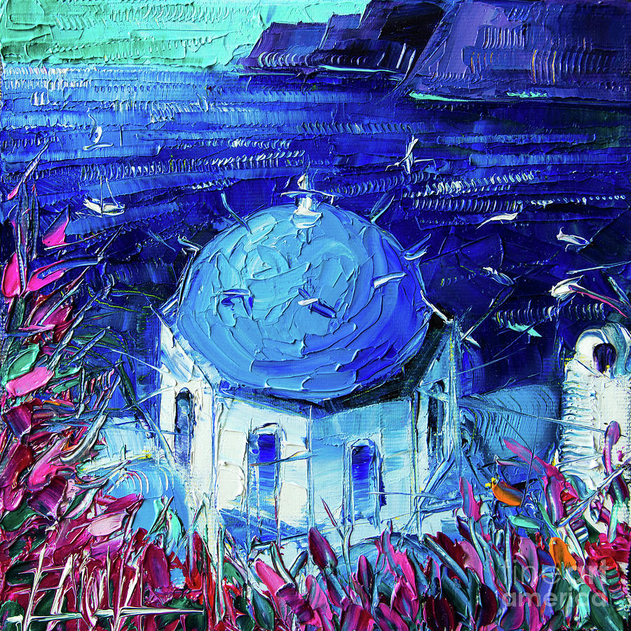 BLUE DOME IN SANTORINI - Mini Cityscape 12 Mona Edulesco Painting by Mona Edulesco