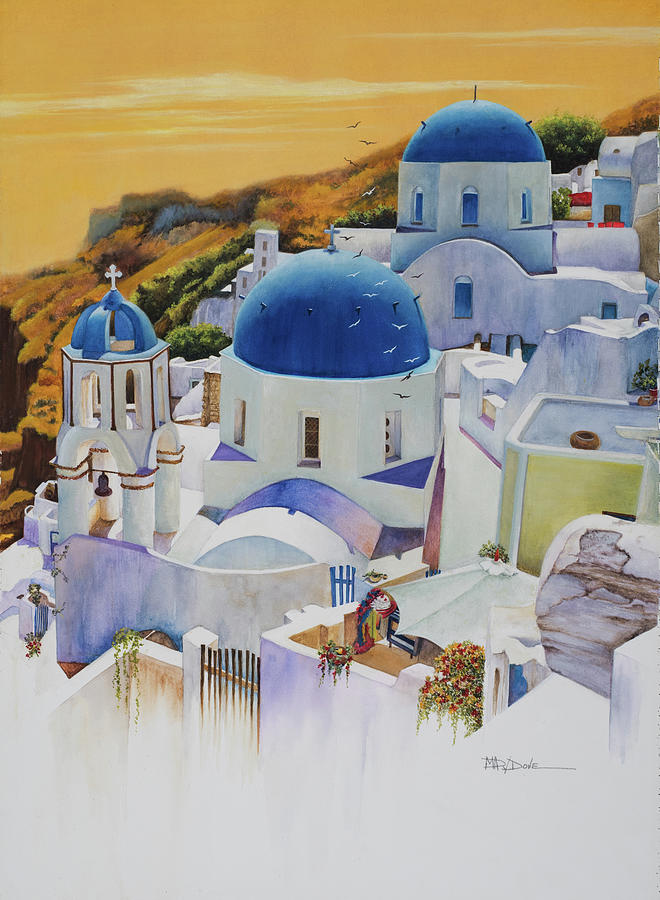 Blue Dome of Santorini, Greek Islands Painting by Mary Dove