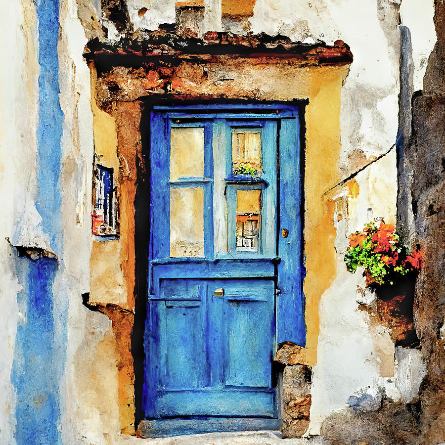Blue Door Portugal Watercolor Digital Art by Rebecca Herranen