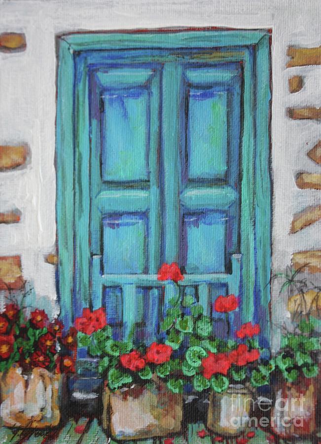 Blue Door With Geraniums Painting