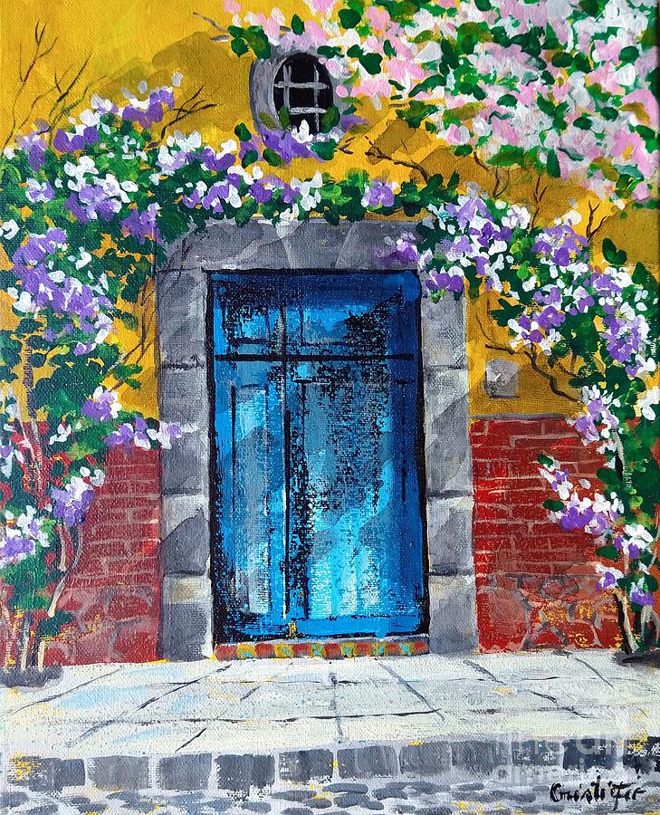 Blue Door with Pink Flowers Vine Painting by Cristi Marinescu - Fine ...