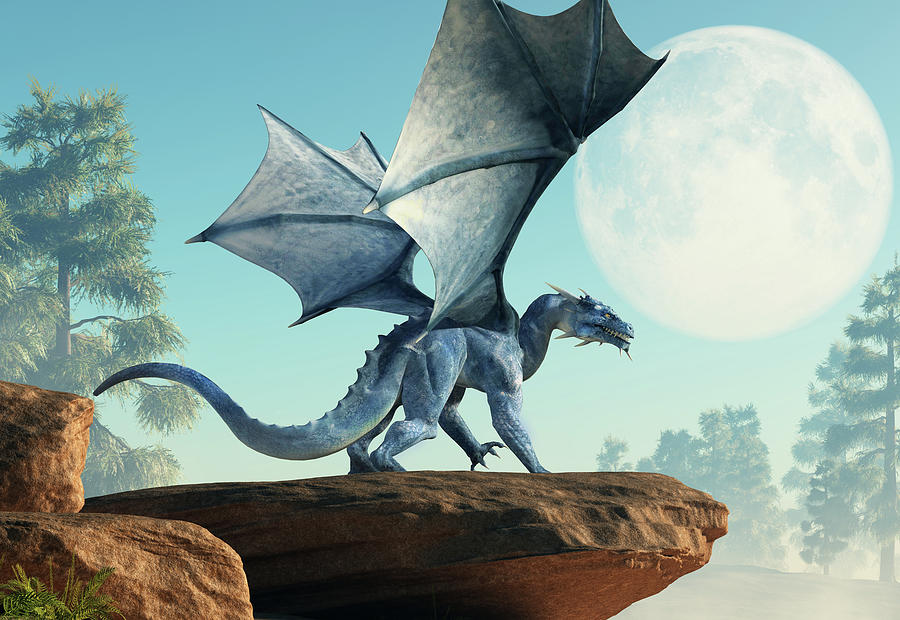 Blue Dragon on a Cliff Digital Art by Daniel Eskridge