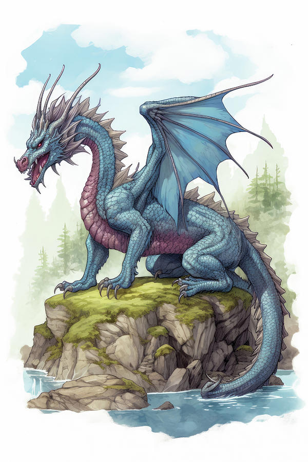 Blue Dragon Watercolor Style Digital Art by Matthias Hauser
