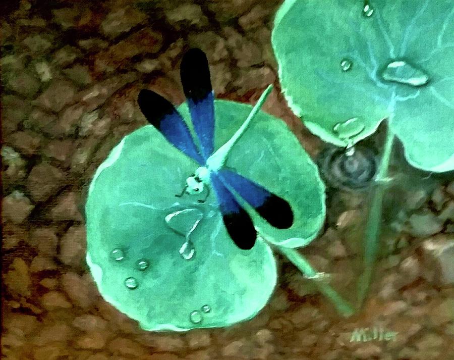 Blue Dragonfly on lilypad Painting by Peggy Miller