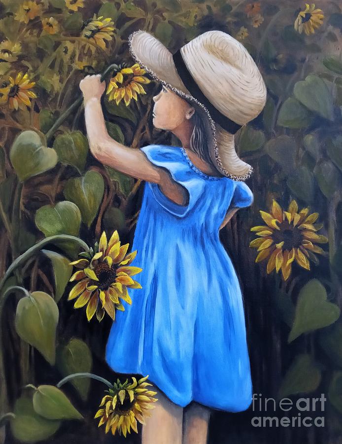 Blue Dress and Sunflowers Painting by Pechez Sepehri