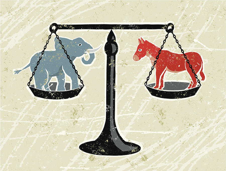 Blue Elephant and Red Donkey Being Weighed on Scales Drawing by Mhj