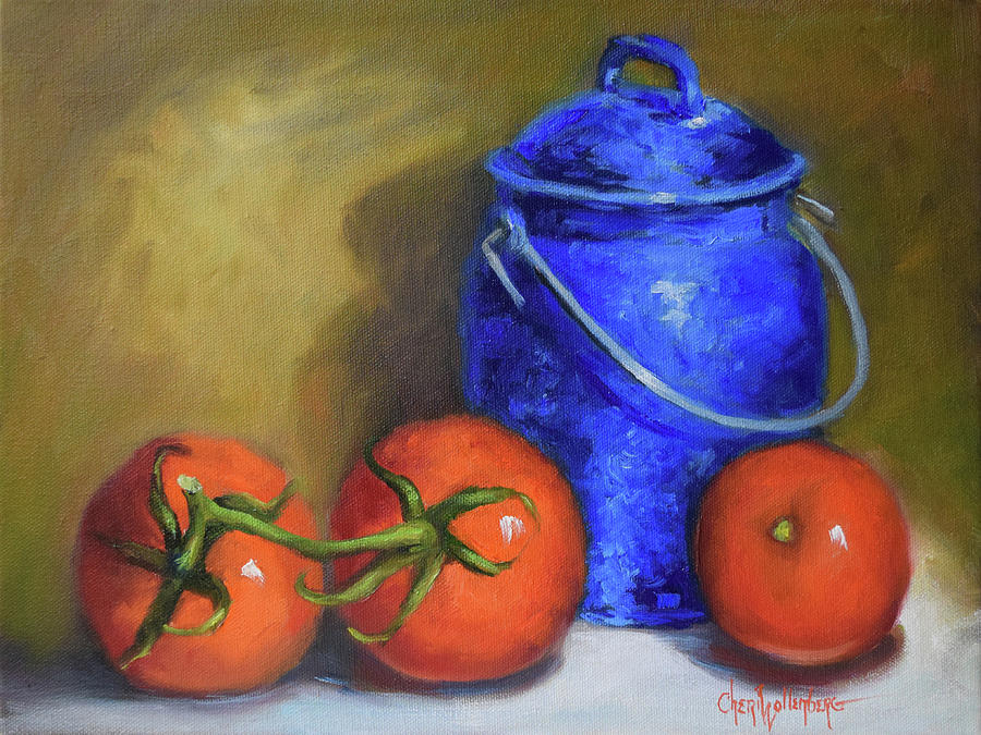 Blue Enamelware Container And Bright Red Garden Tomatoes Painting by Cheri Wollenberg