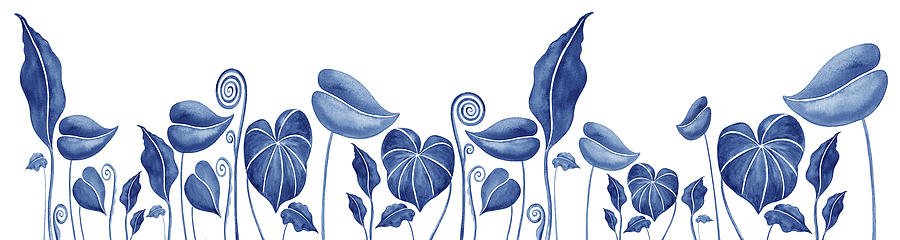 Blue Exotic Watercolor Leaf Garden Painting