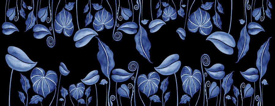 Blue Exotic Watercolor Leaves On Black Pattern Painting by Irina Sztukowski