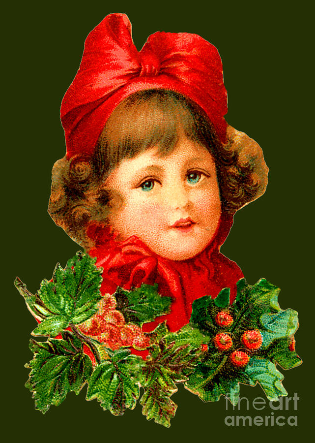 Blue Eyed Christmas Girl With Large Red Bow And Holly Painting