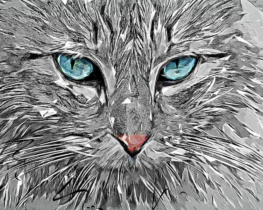 Blue Eyes Elegant Norwegian Forest Cat Painting by Custom Pet Portrait Art Studio