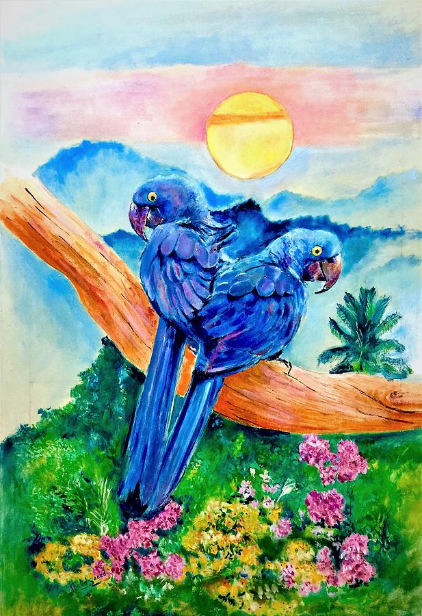 Blue feathers Painting by Khalid Saeed