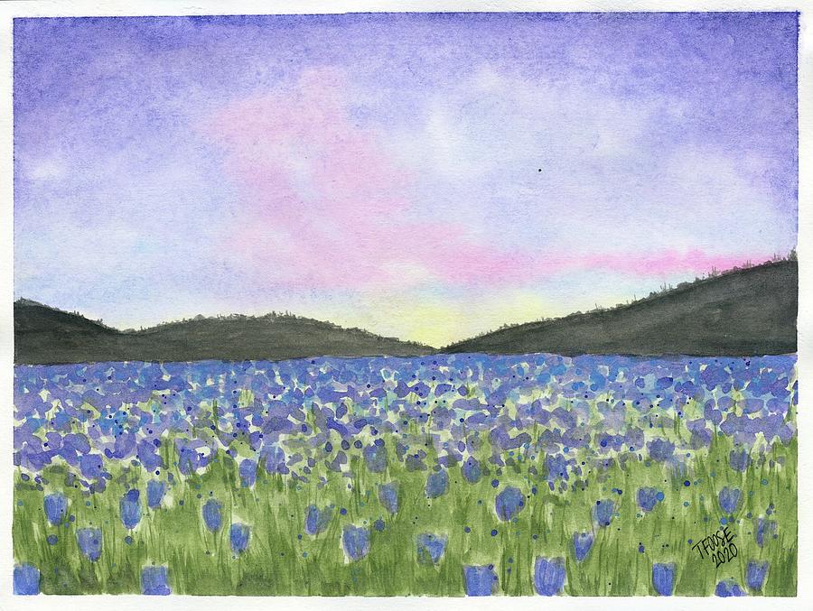 Blue Field Of Flowers At Dusk Painting