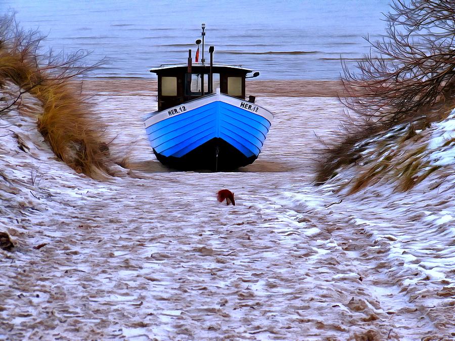 Blue fishing boat and squirrel in winter Digital Art by Ralph Kaehne