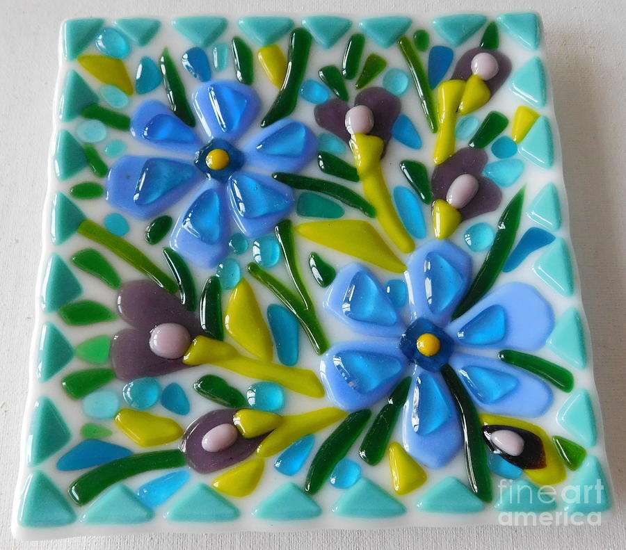 Blue Floral Glass Art by Joan Clear