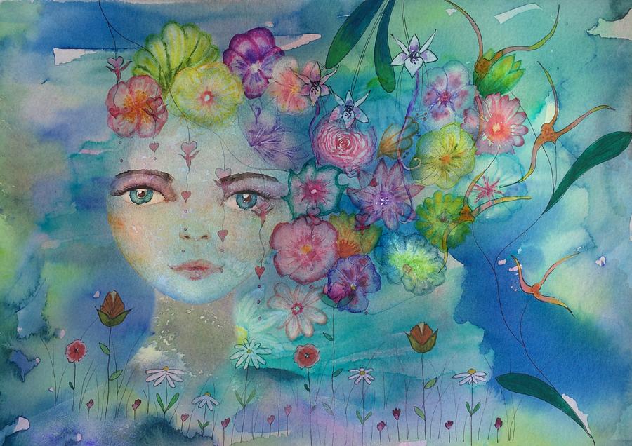Blue Flower Girl Painting by Sukilopi - Pixels