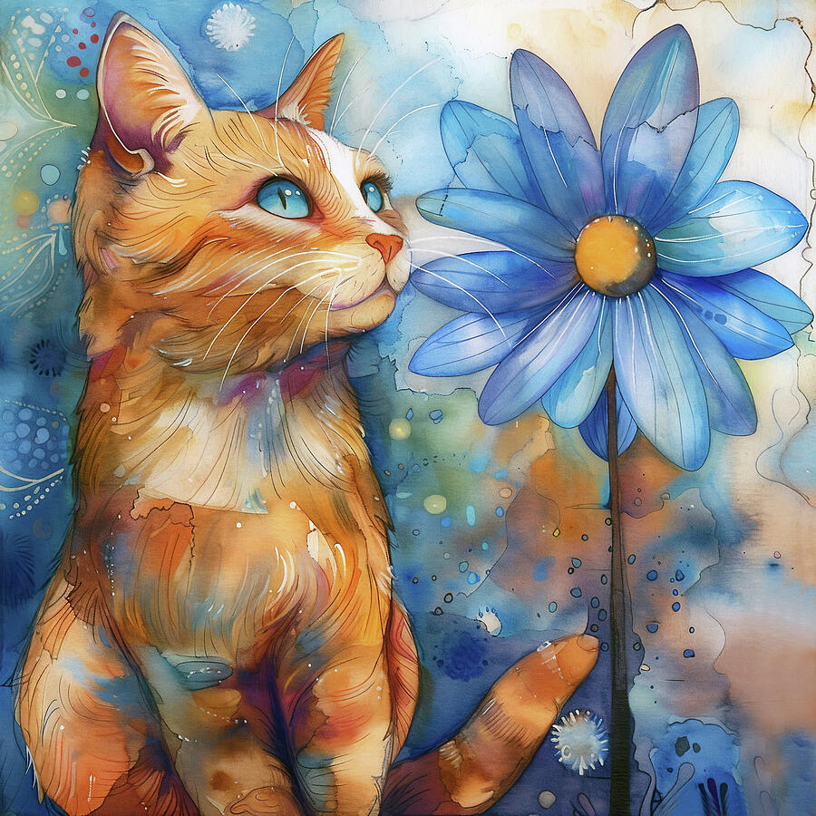Cat Painting - Blue Flower Kitty by Lisa S Baker